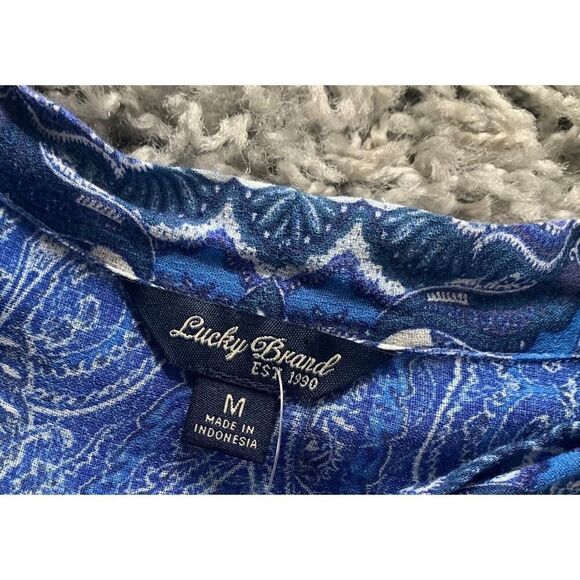 Lucky Brand Blue Paisley Print Boho CHIFFON TIE Blouse Tunic Top SZ M - Picture 2 of 5